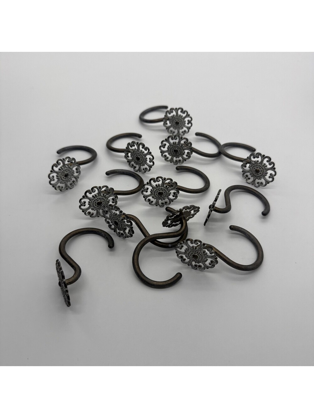 Set of 12 Decorative Shower Curtain Hooks Bronze Filigree Floral Rosette Rings